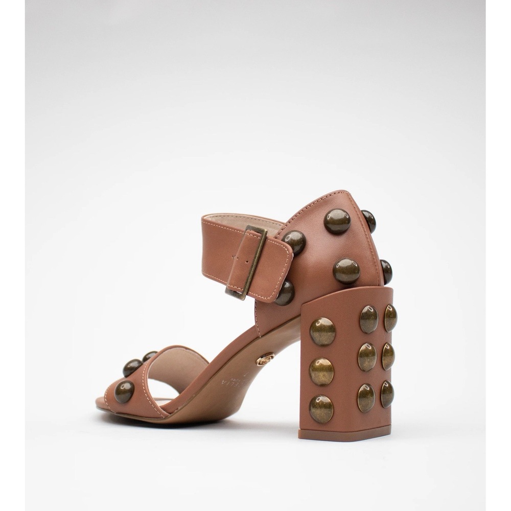 Cecelia New York Gail Studded Block Heel Sandals Cognac Brown Leather Womens 10